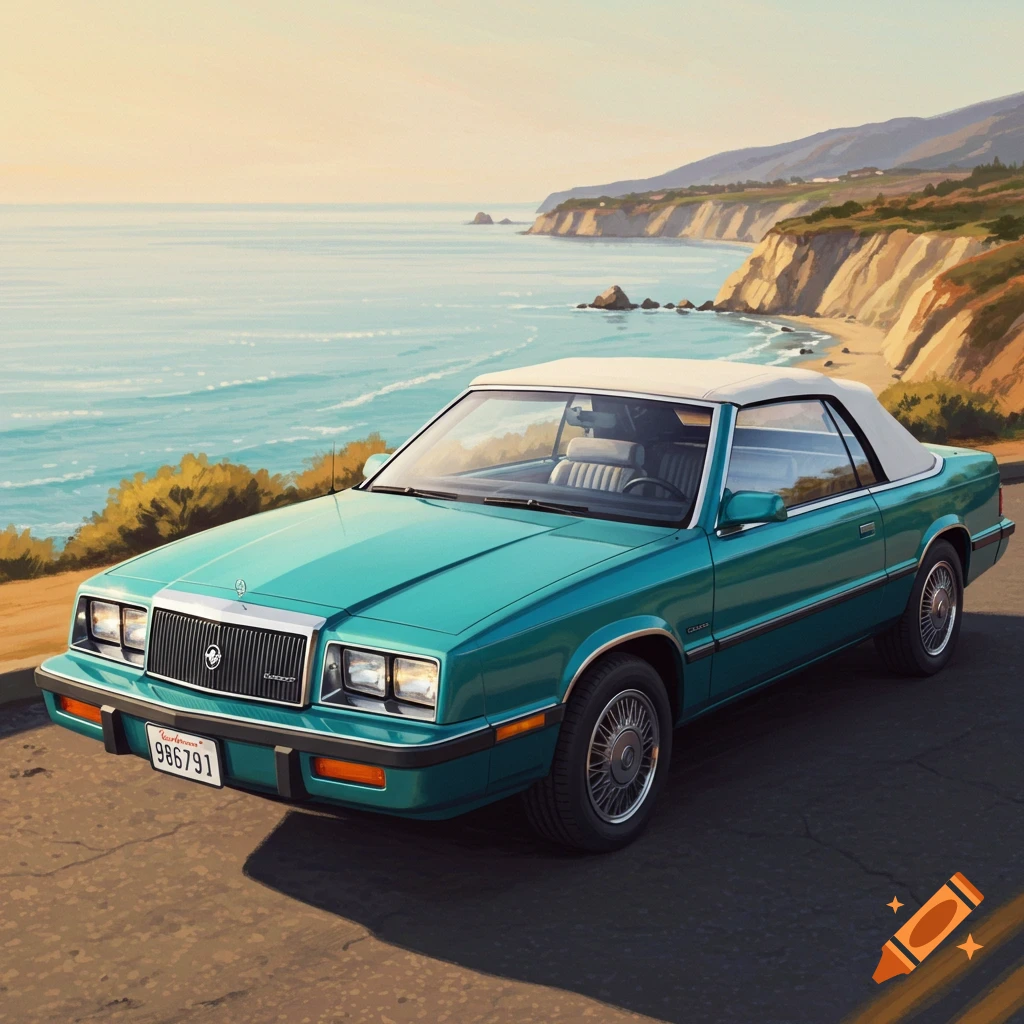 Teal Chrysler Lebaron convertible parked on a road overlooking cliffs and the ocean, painted style.