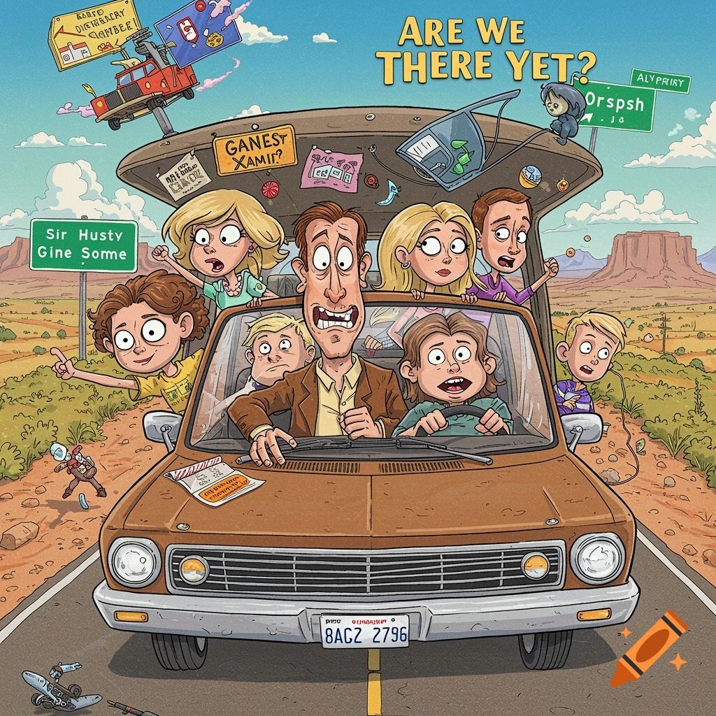 Cartoon of a stressed family in a car on a road trip under text 'Are We There Yet?'