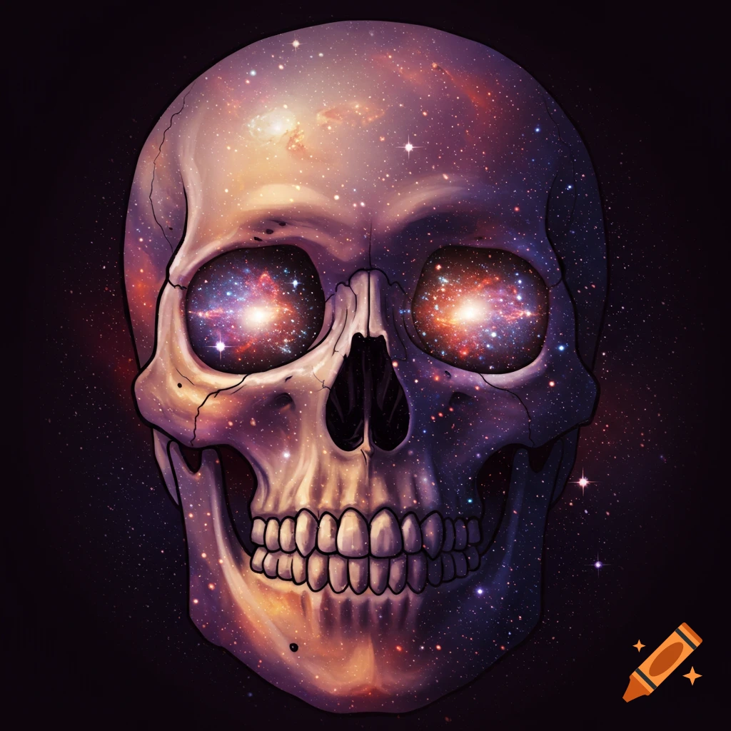A human skull filled with swirling galaxies and stars, against a dark background.