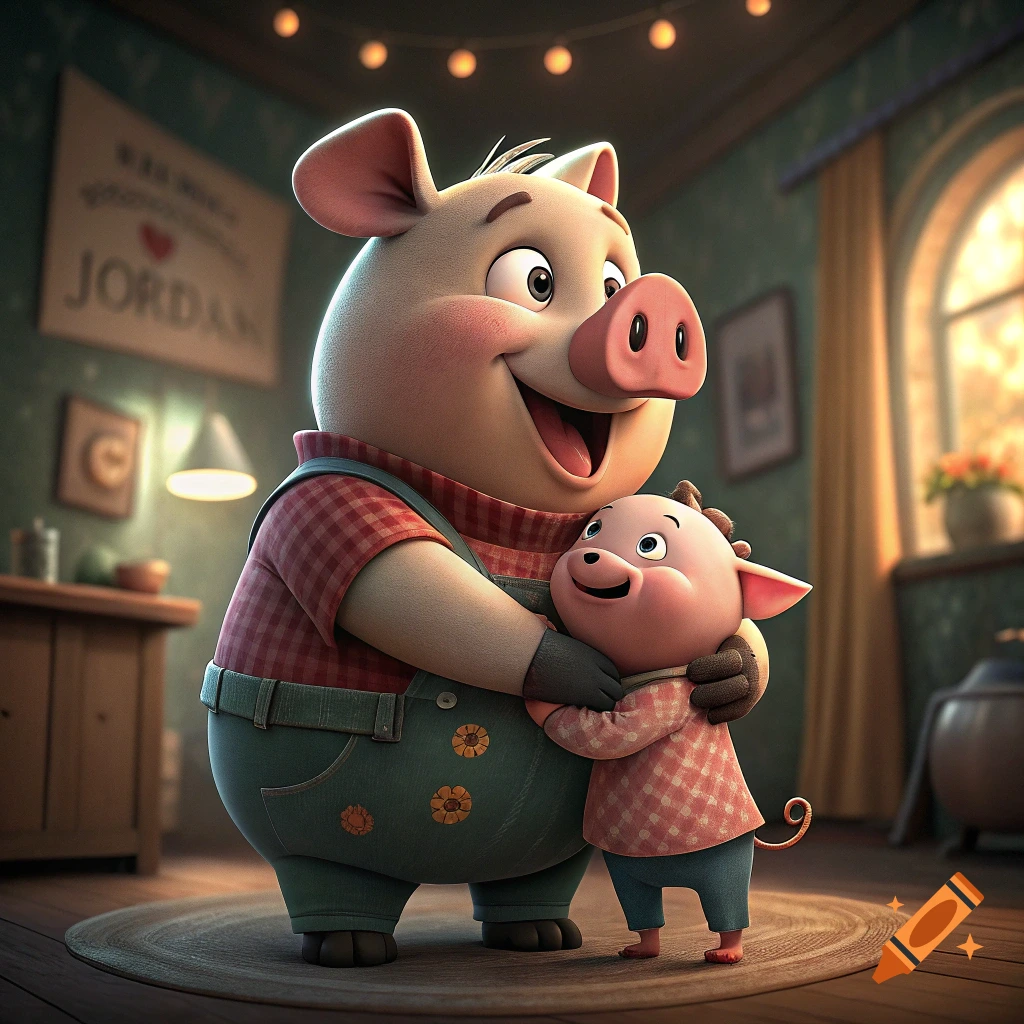 A large cartoon pig hugs a smaller cartoon pig in a cozy room.