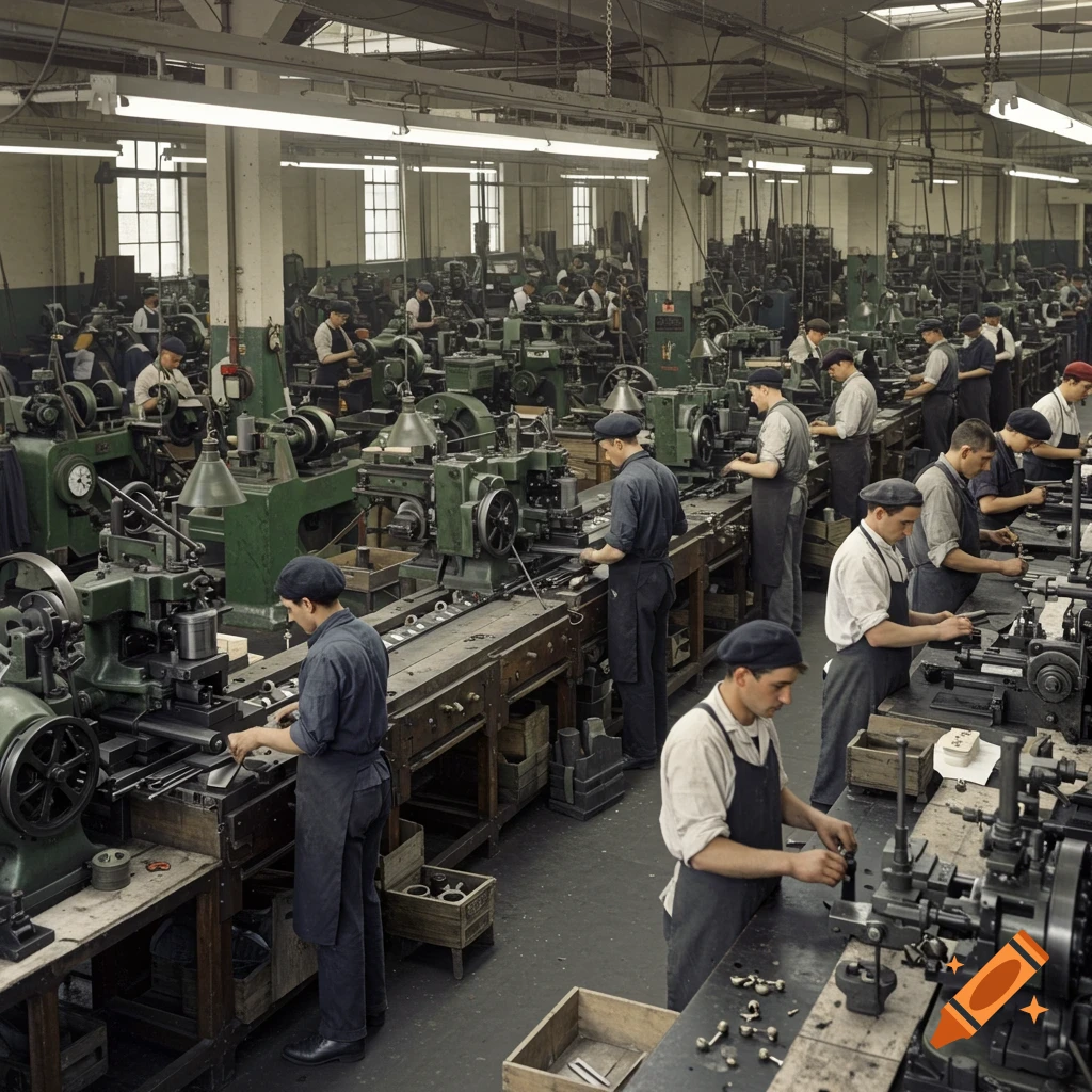 Men working on machinery in a large factory.