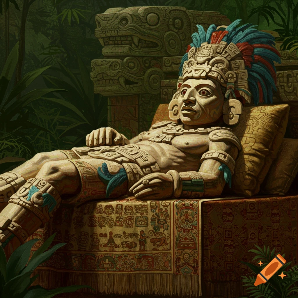 Mayan Chac Mool statue on a bed