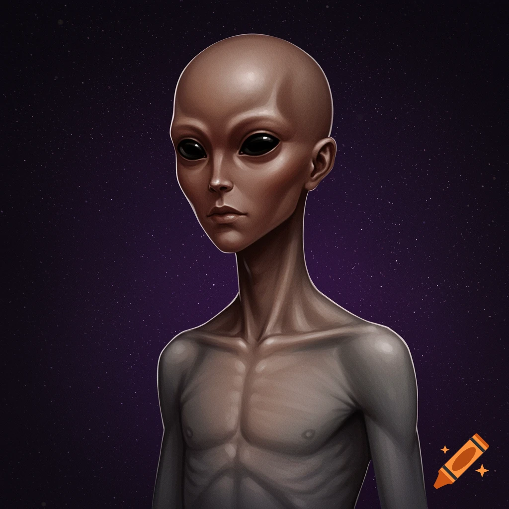 Portrait of a skinny alien with dark skin, bald head, and black eyes against a starry purple background.