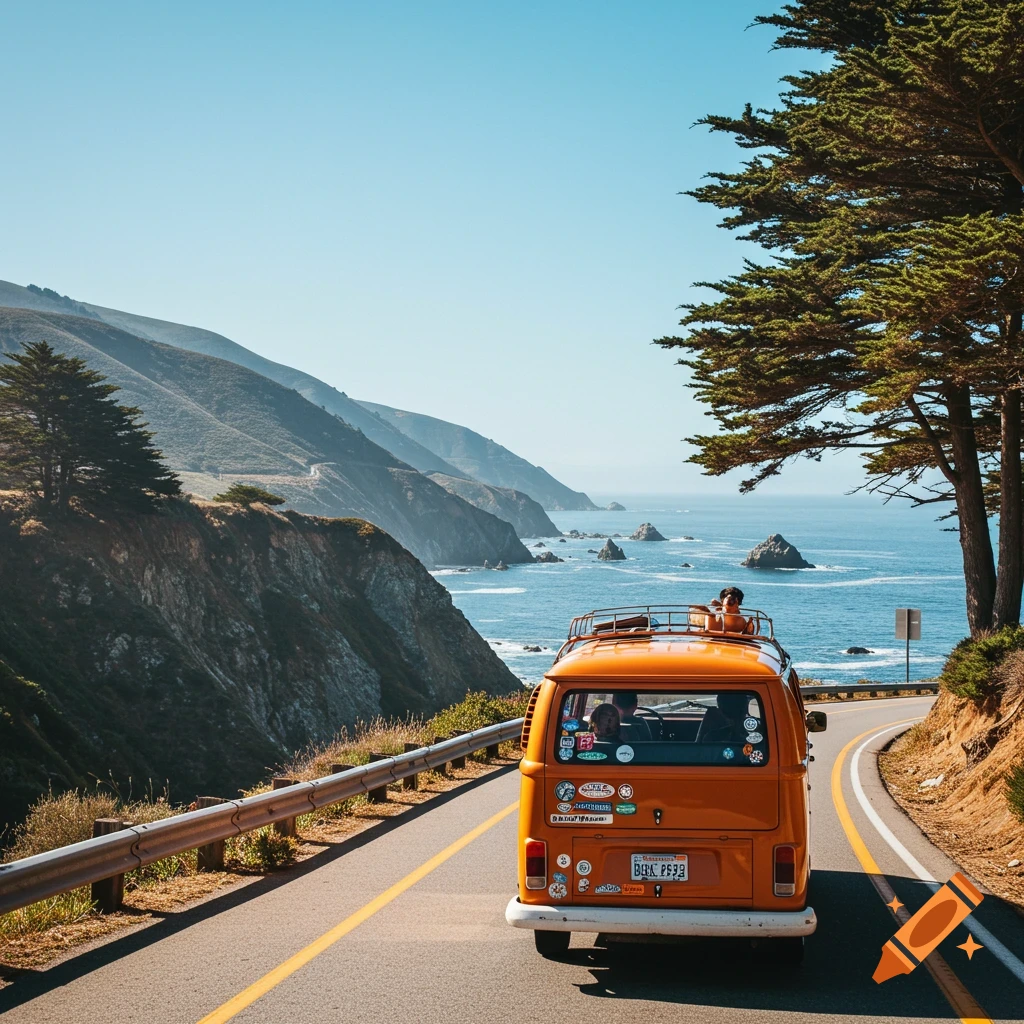 An orange VW bus drives on a coastal highway overlooking mountains and the ocean.