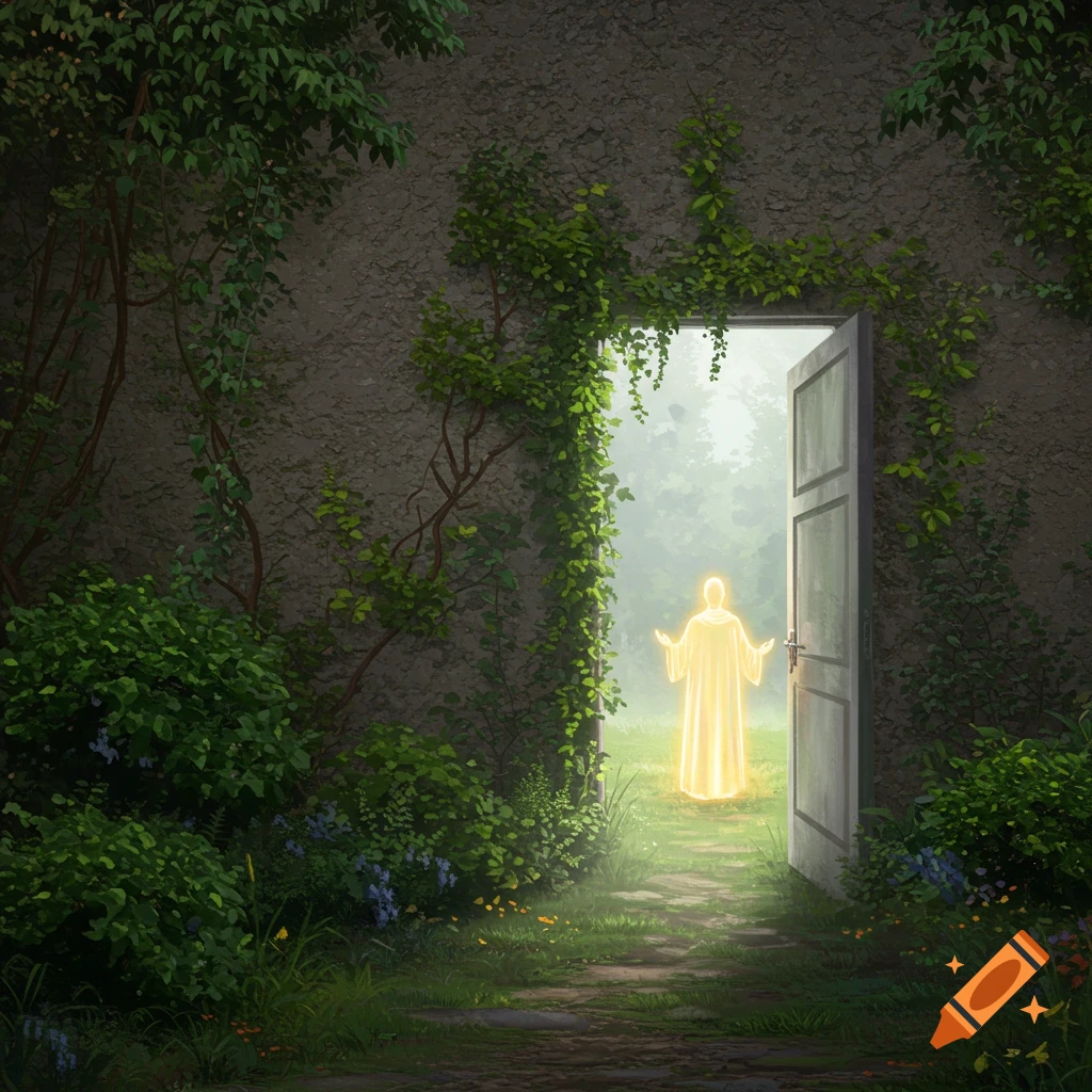 A glowing figure stands in an open door in a stone wall covered in vines, leading to a bright, misty path in a garden.