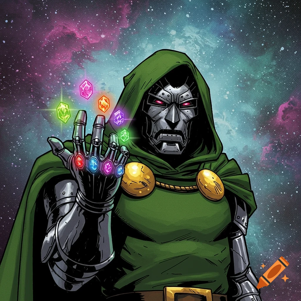 Comic book illustration of Dr. Doom holding the Infinity Gauntlet in space.
