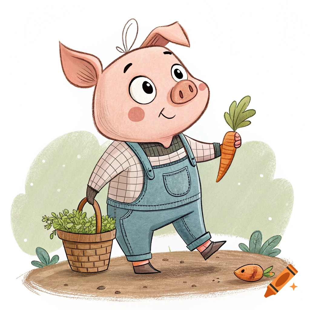Cartoon illustration of a pig in overalls holding a carrot and a basket of greens, walking on dirt.