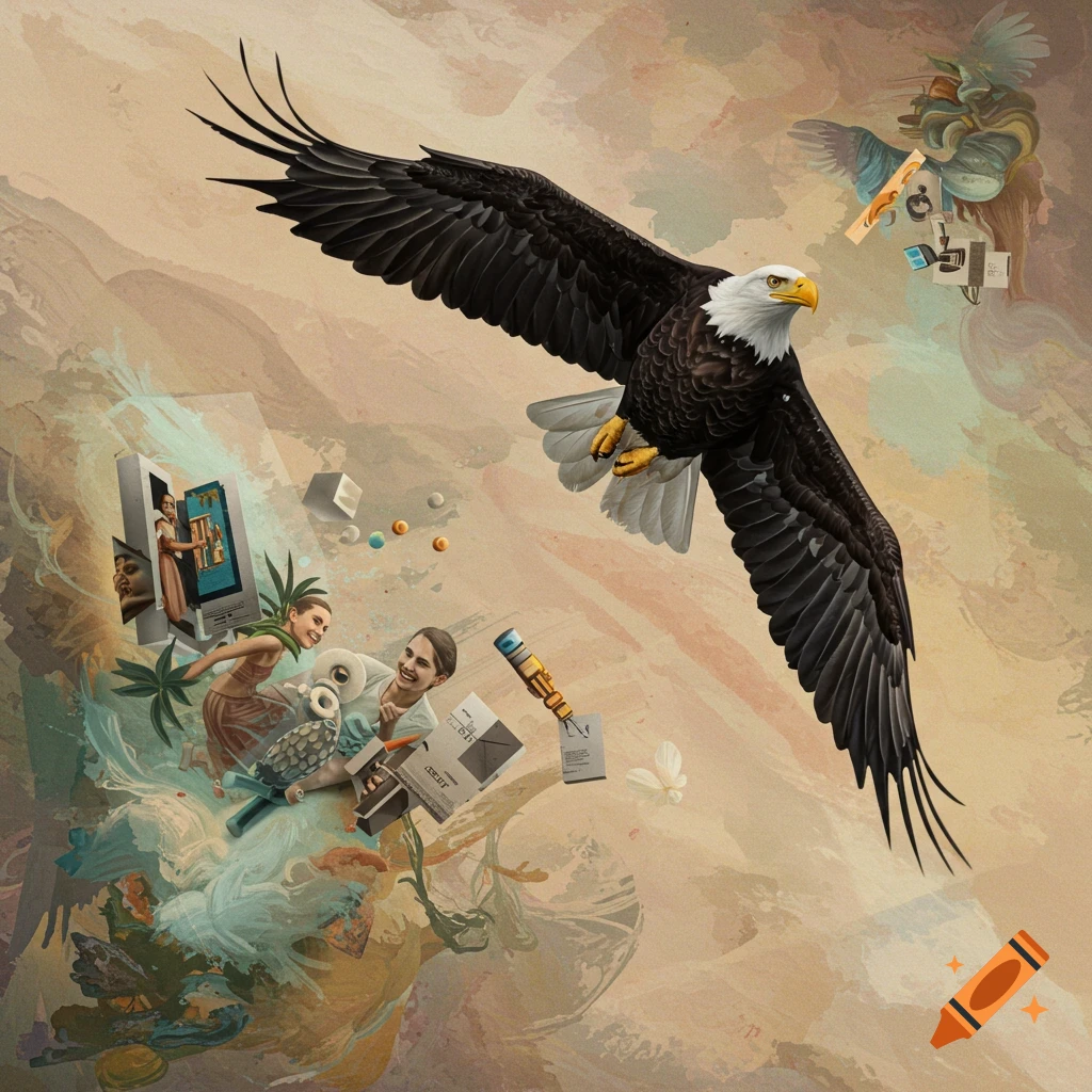 realistic bald eagle flying over an abstract world with 3D elements