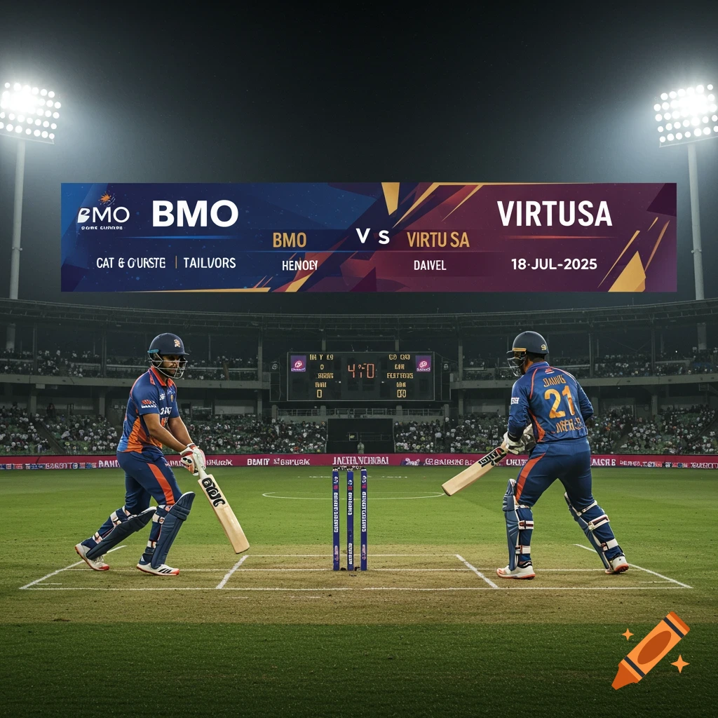 Cricket match between BMO and Virtusa at evening with stadium lights and scorecard displaying match dates.