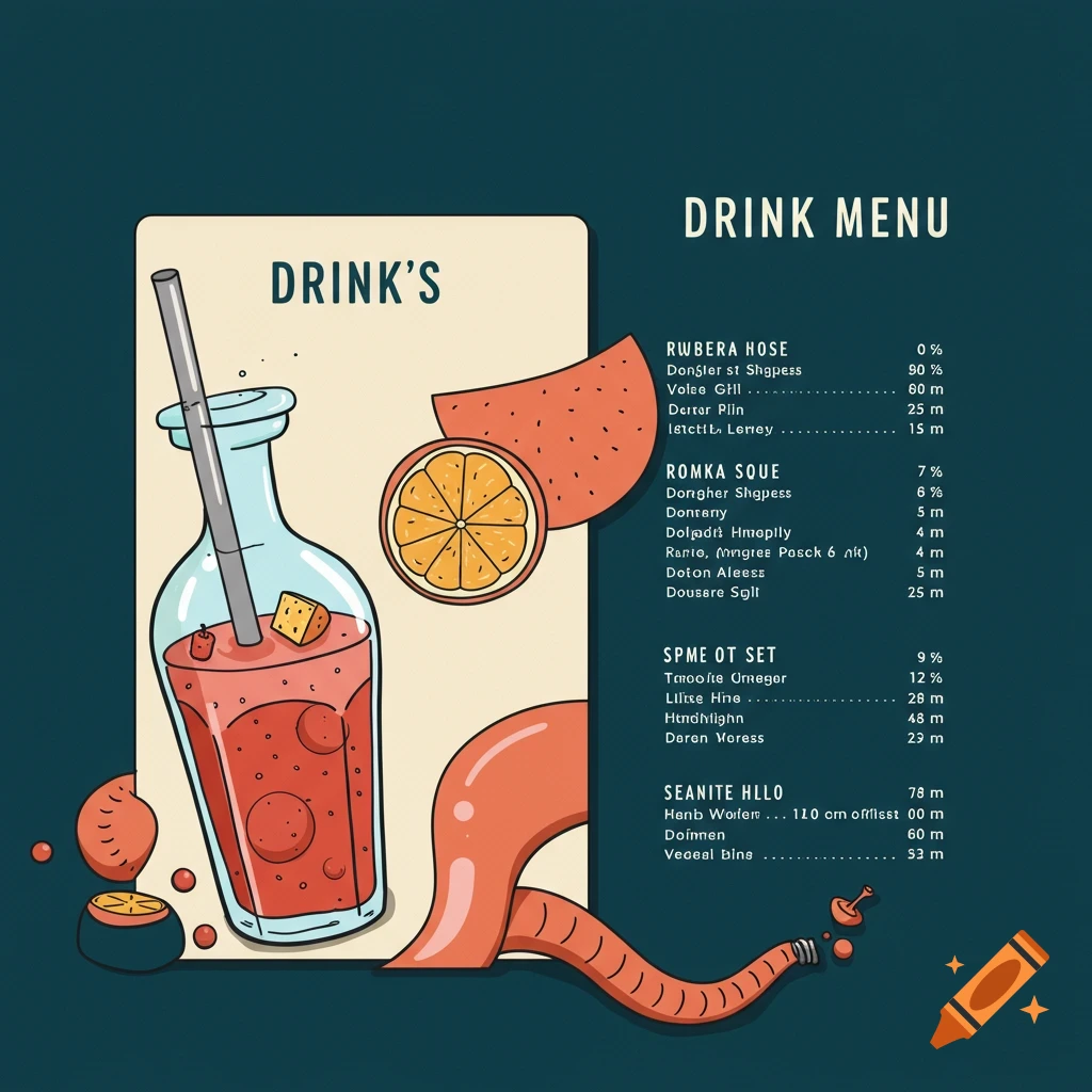 Drink menu template in rubber hose cartoon art style for google search optimization