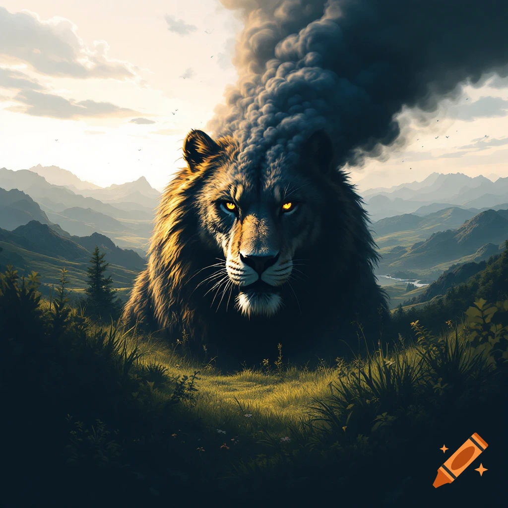 A majestic lion with glowing eyes and a smoky mane sits in a grassy mountain landscape.