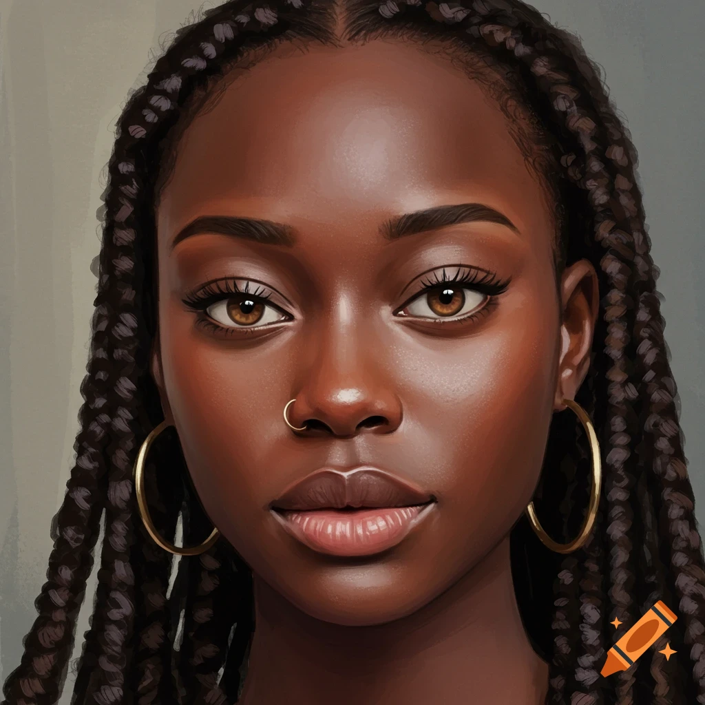 Close-up portrait of a woman with braided hair, hazel eyes, and hoop earrings.