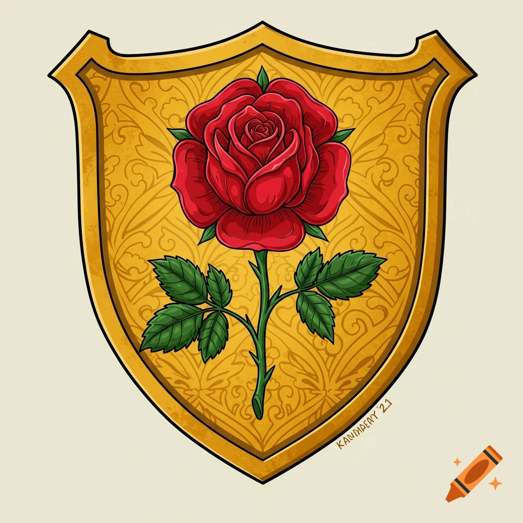 A red rose centered on a golden shield with a patterned background.