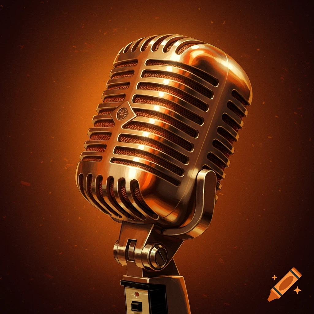 A shiny gold vintage-style microphone with an orange background.