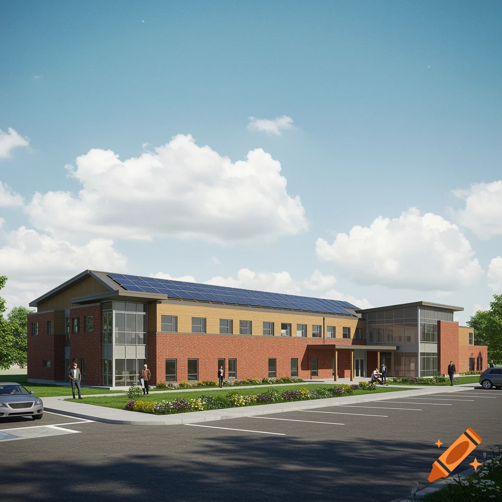 Modern sustainable community building in Belleville, Ontario with brick, glass, and solar panels