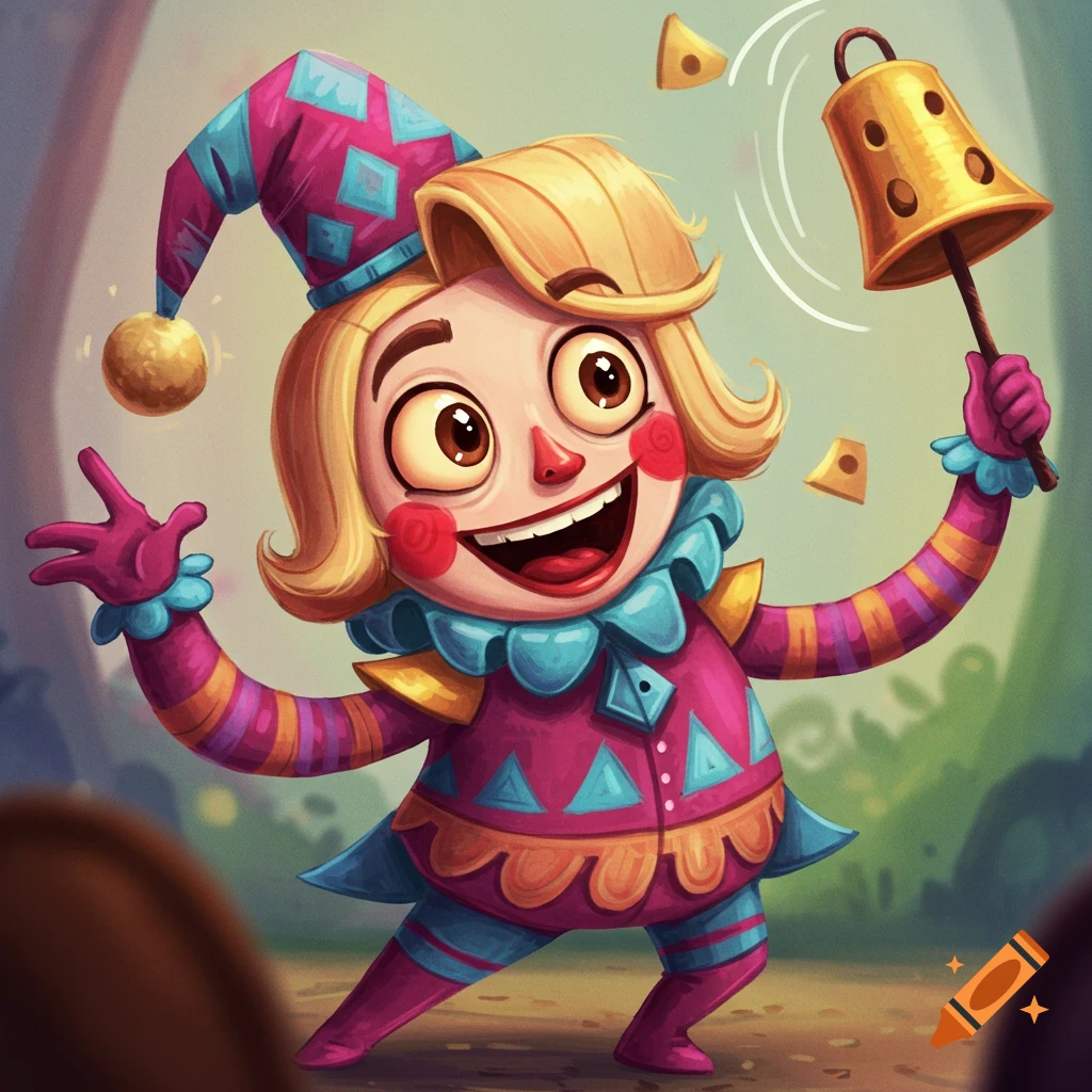 A cartoon jester character wearing a colorful outfit and hat, dancing and ringing a bell. Illustration.