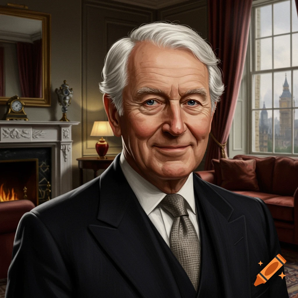 Portrait of an aged gentleman with white hair in a traditional room overlooking London with Big Ben.