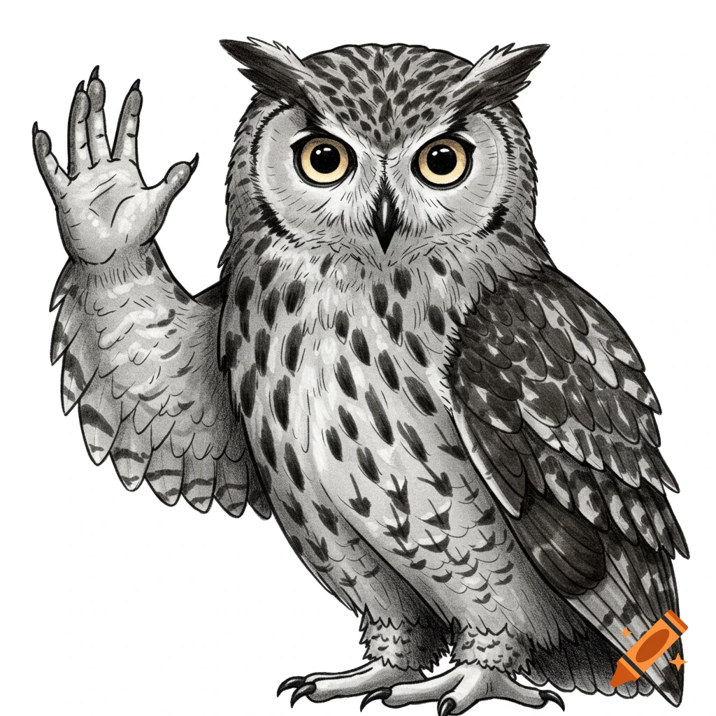 Drawing of a Eurasian eagle-owl waving