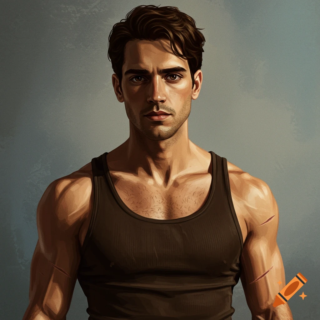 Illustration of a man in a tank top with scars on his arms.