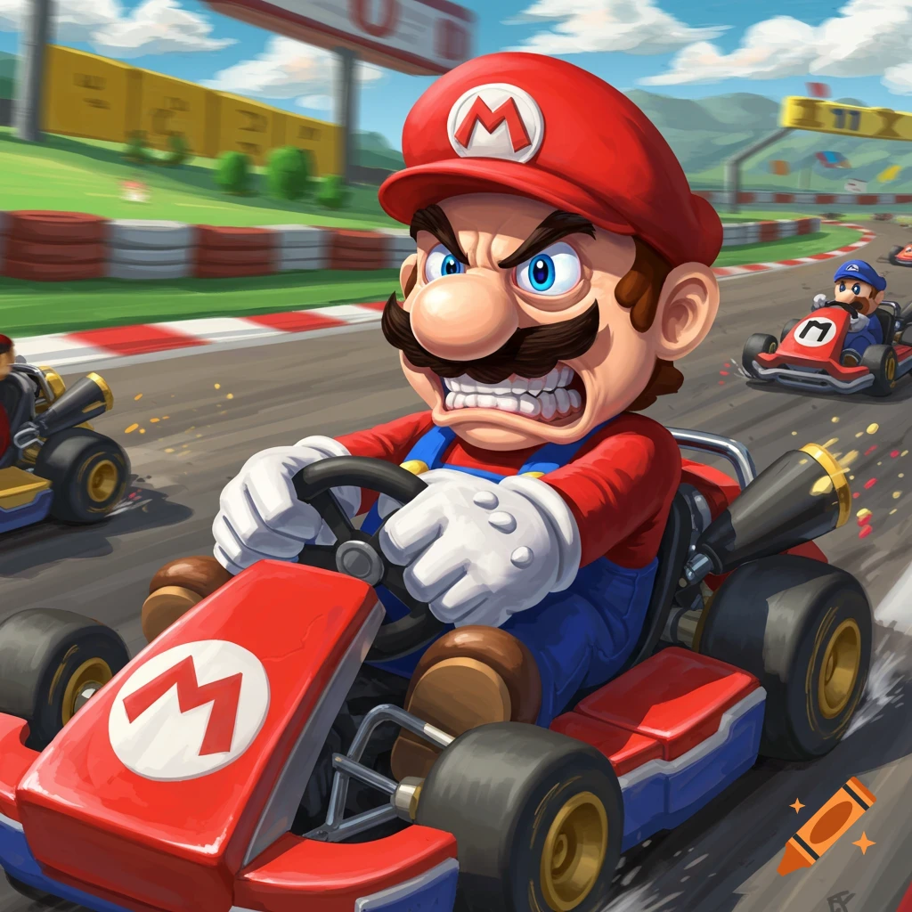Mario races a go-kart with an angry expression on a track.