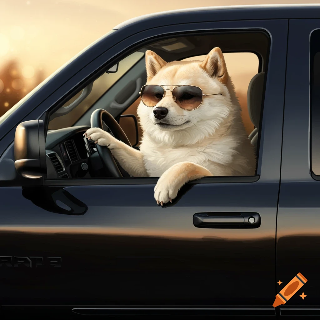 A Shiba Inu dog wearing sunglasses drives a black truck at sunset.