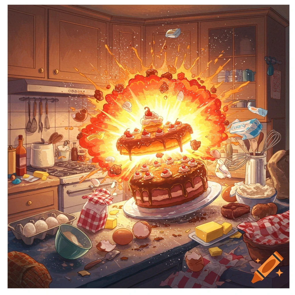 An illustrated explosion in a kitchen transforms baking ingredients into cakes.