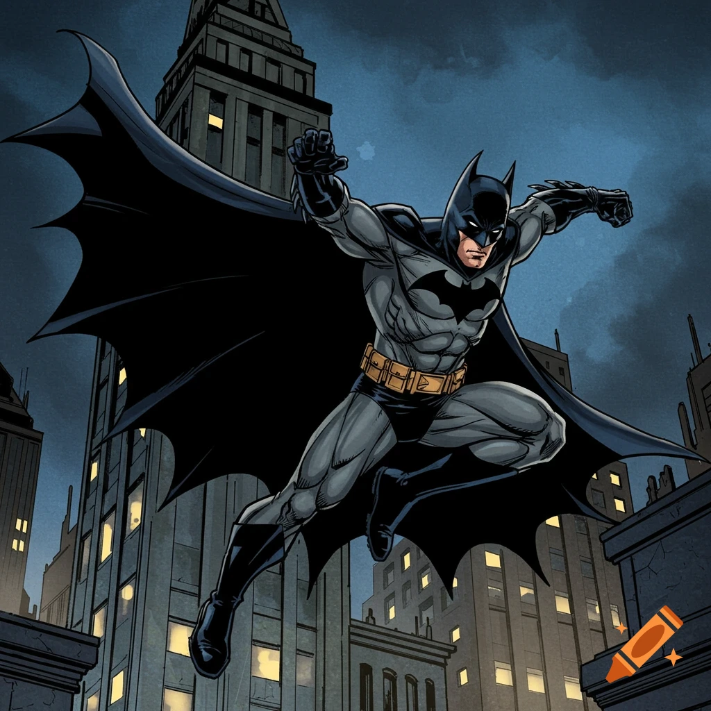 Batman leaps over city buildings in a comic book style.