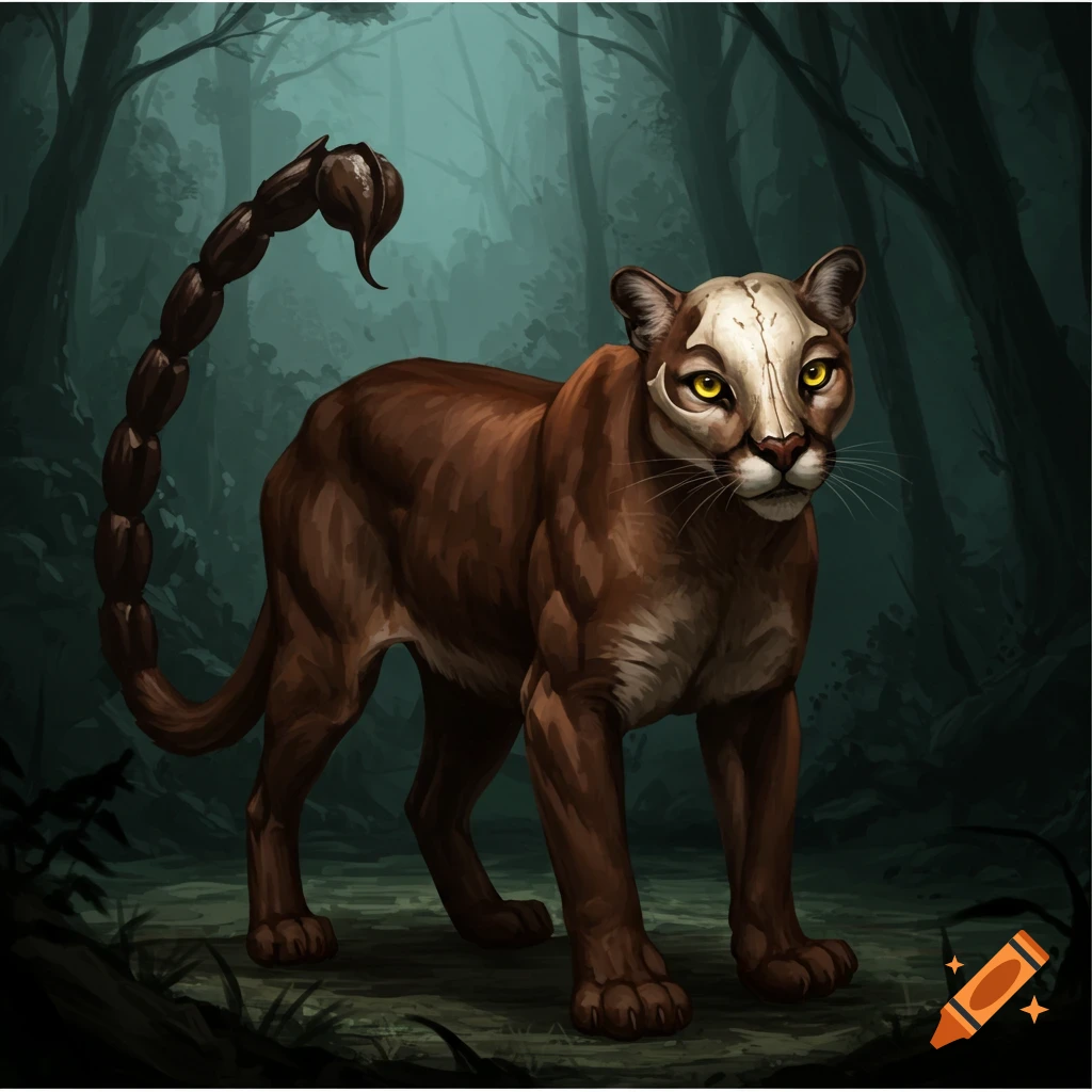 Fantasy creature with a cougar body, skull-like face, and scorpion tail in a dark forest.