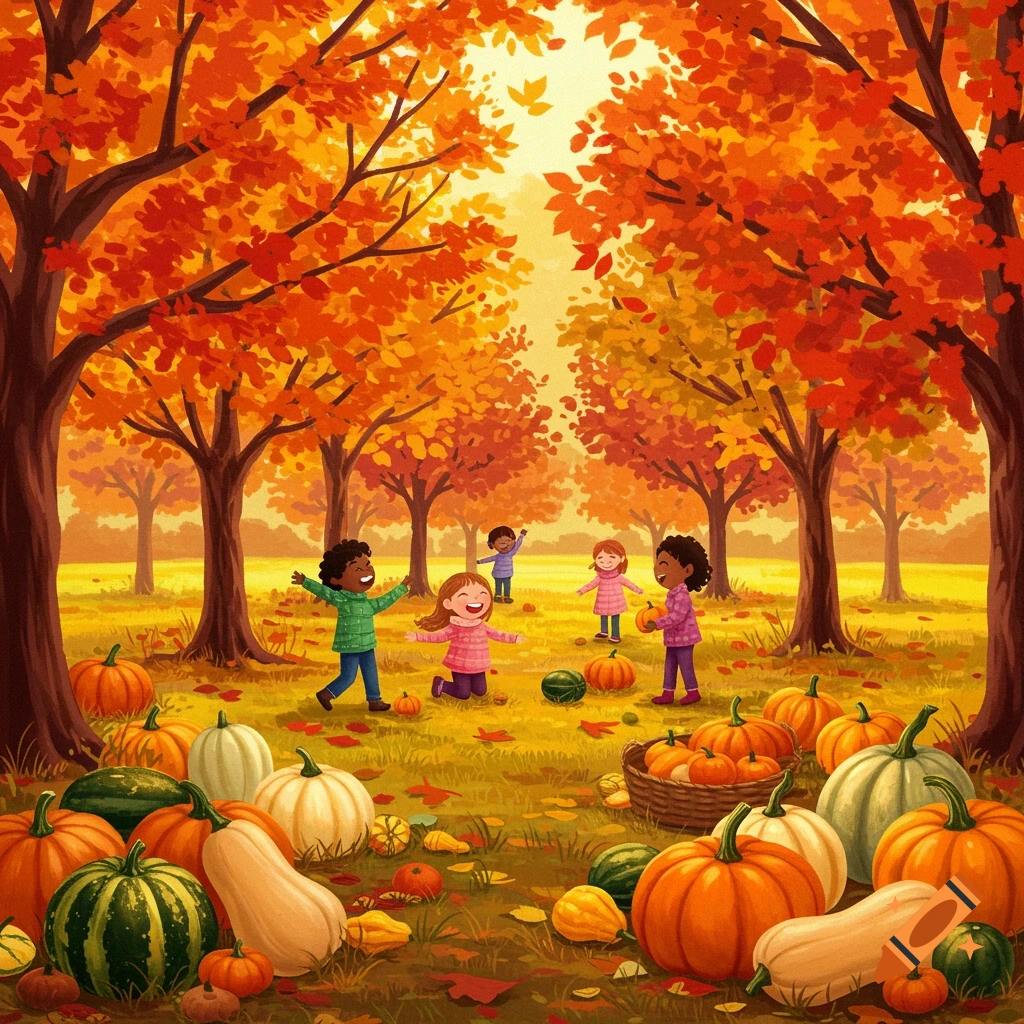 Children playing among pumpkins and trees in an autumn forest.