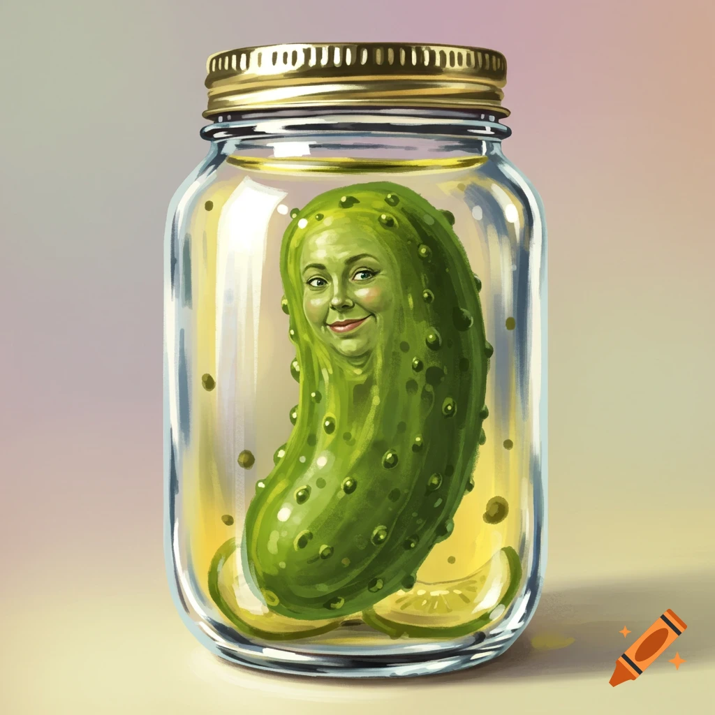 Illustration of a pickle with a woman's face inside a glass jar.