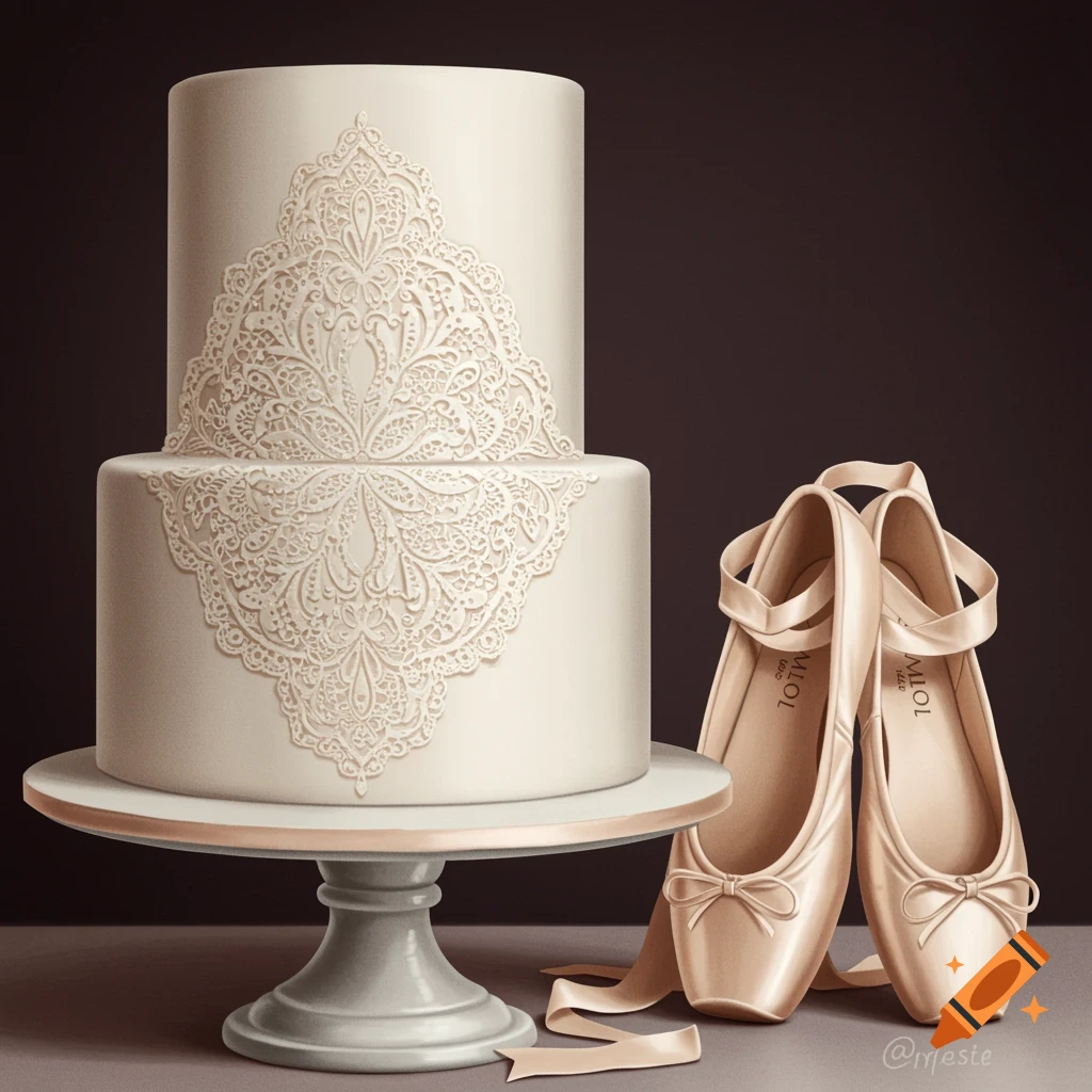 A white tiered cake decorated with large, intricate lace sits beside a pair of pale pink ballet shoes with ribbons. Illustrated style.