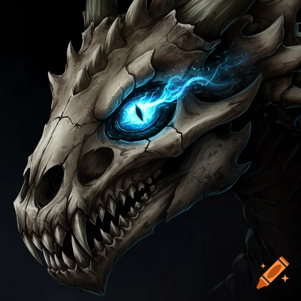 Close-up illustration of a bone dragon skull with a bright blue glowing eye.