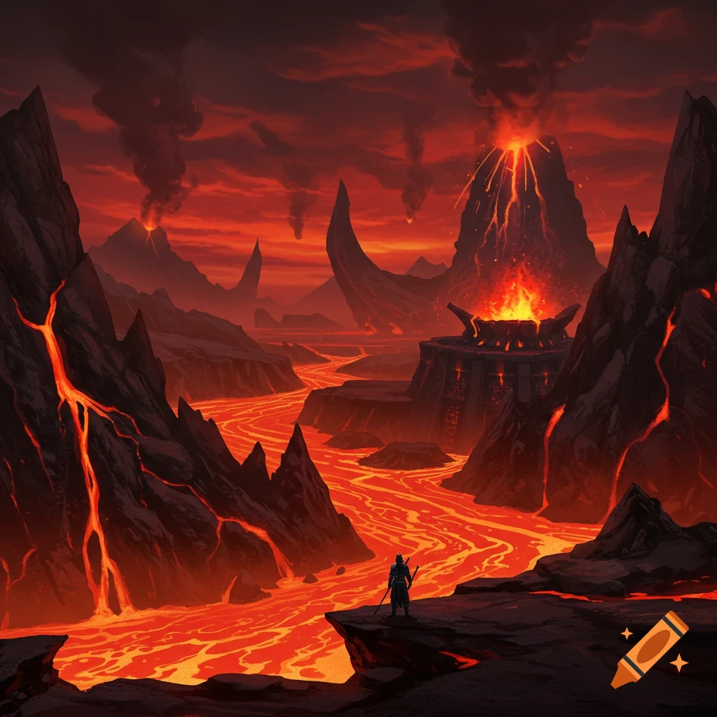 A figure stands on a rock overlooking a dramatic volcanic landscape with rivers of lava and a red sky.
