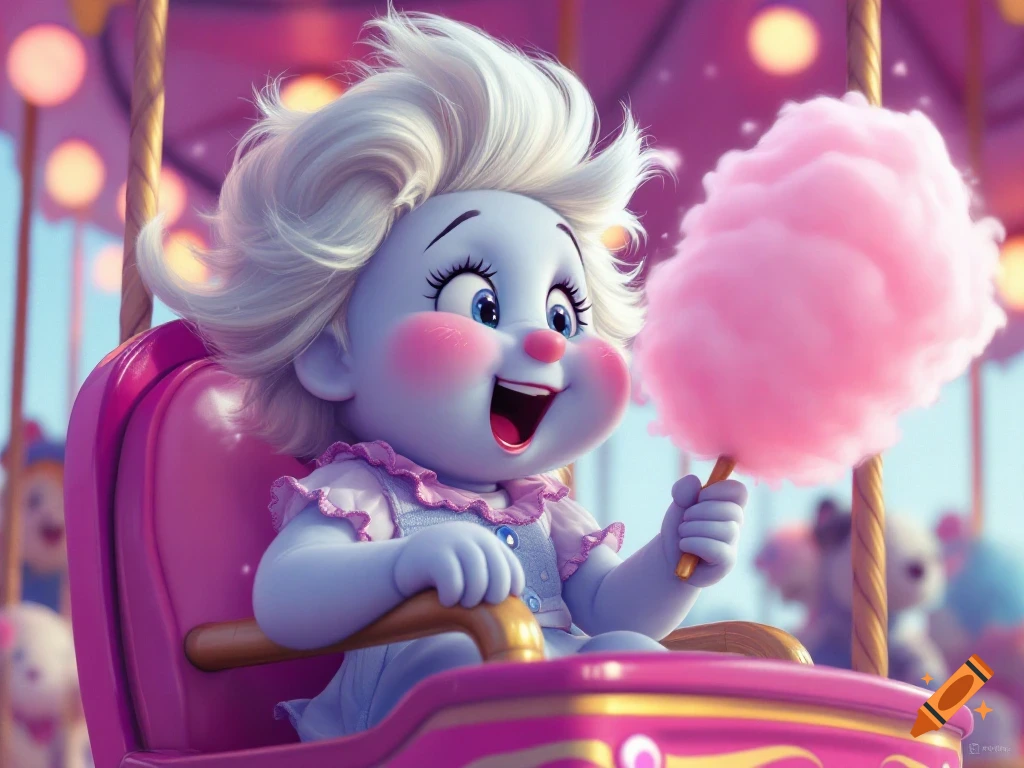 A cute cartoon character rides a merry-go-round, holding pink cotton candy.