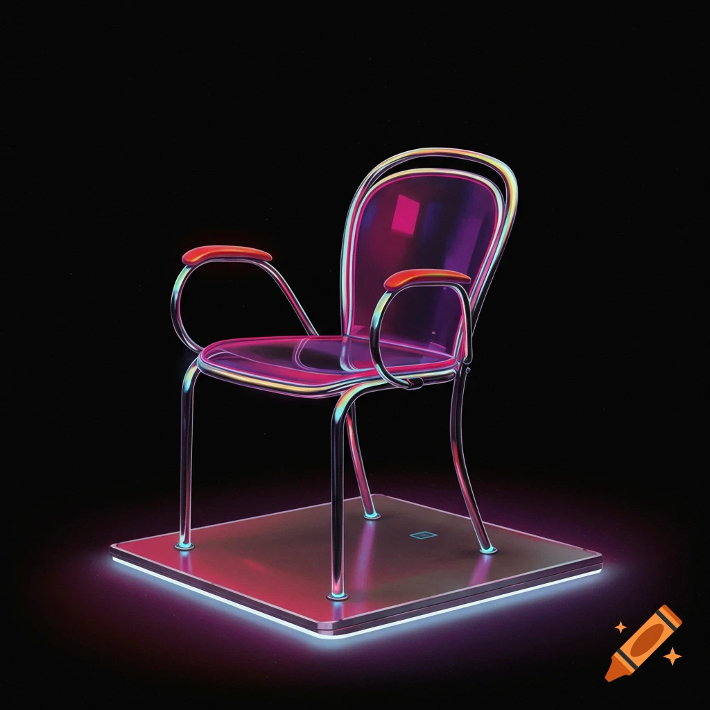 A futuristic purple and chrome chair sits on a glowing platform in the dark.