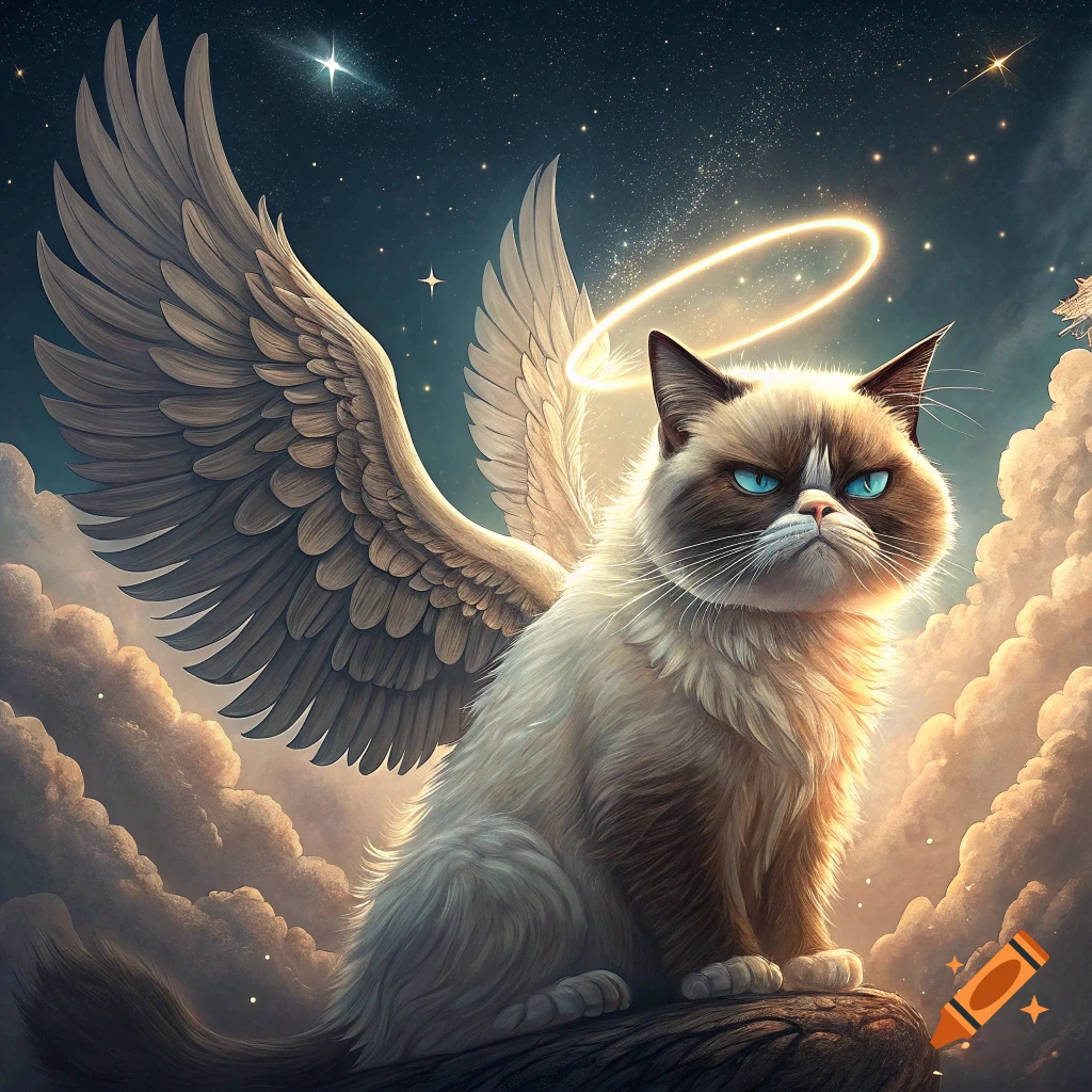 A grumpy cat with large feathered wings and a halo sits on a rock in the clouds under a starry, celestial sky.