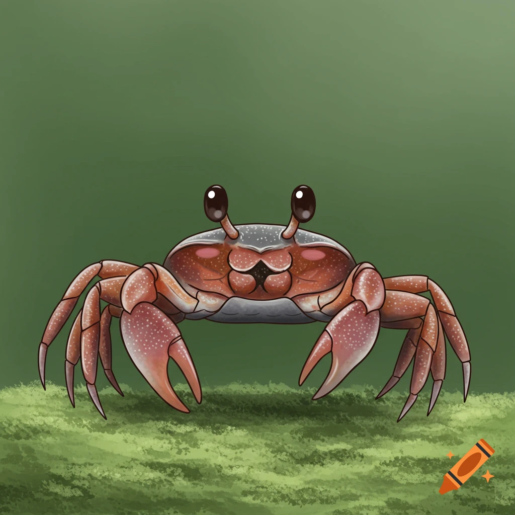 Cute cartoon crab with big eyes on a green surface.
