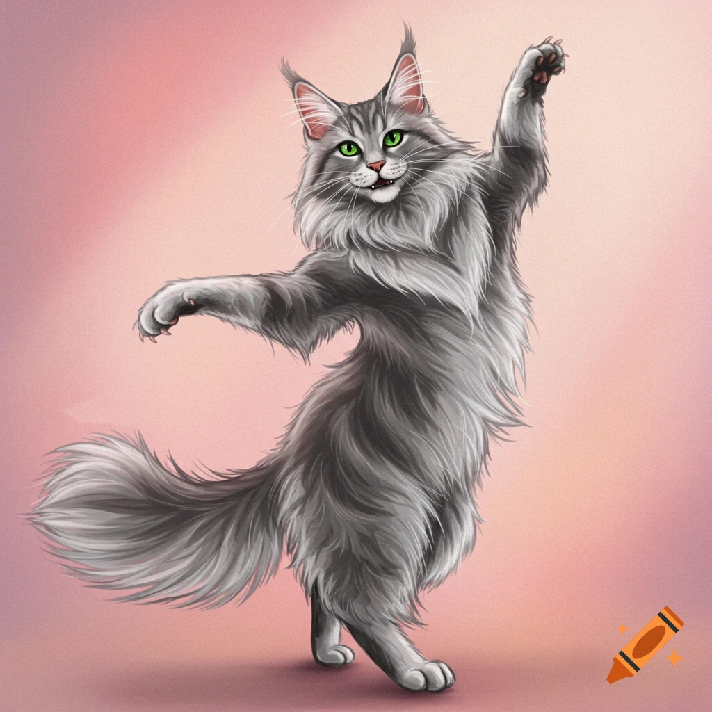 An illustration of a grey Maine Coon cat posing in a dancing movement.