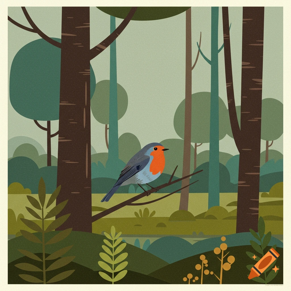 A mid-century style illustration of a robin perched on a branch in a forest.