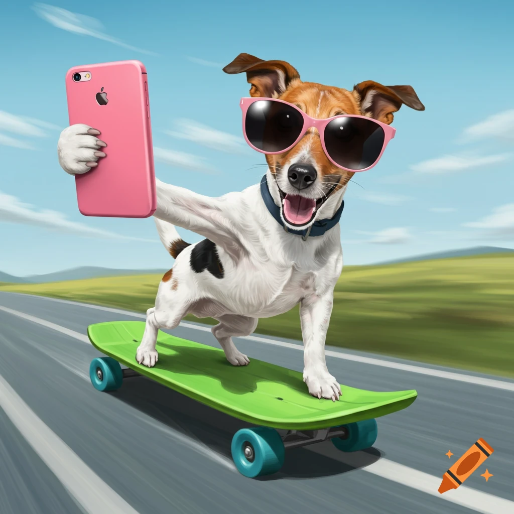 Illustration of a Jack Russell terrier on a skateboard taking a selfie with a pink phone while wearing sunglasses.
