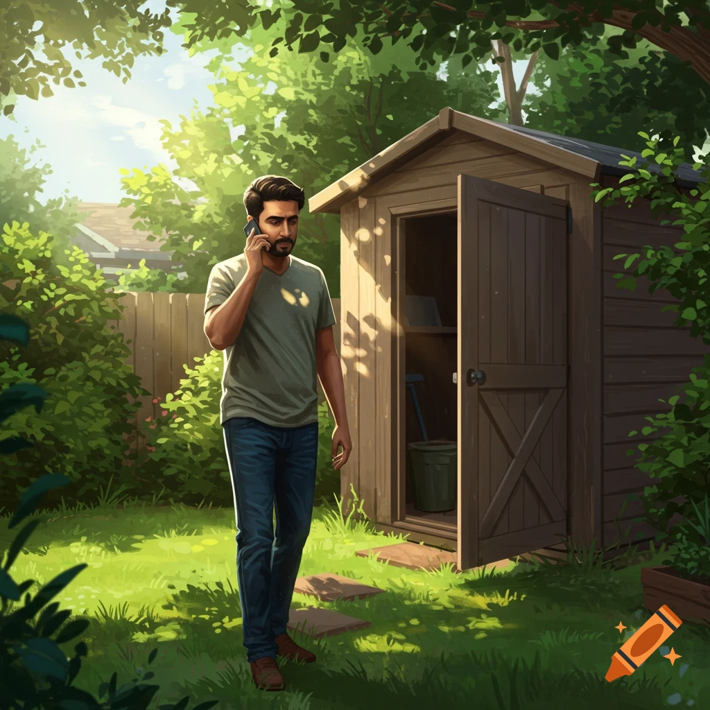 Illustrative image of a man talking on a phone in a sunny backyard with a shed.
