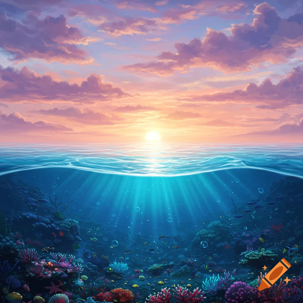 Stylized ocean scene split view: sunset sky above, vibrant coral reef with fish and sun rays below the surface.