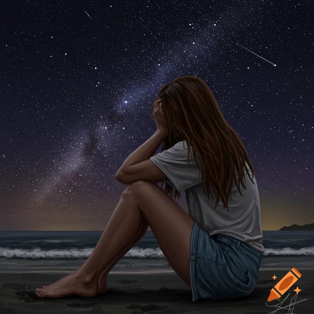 A woman sits on a beach at night, looking at a starry sky.