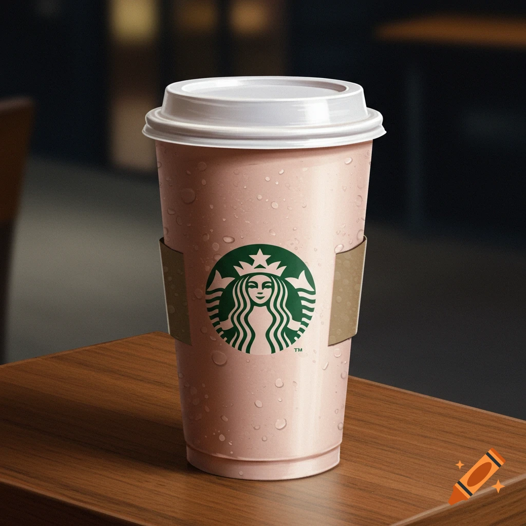 A pink Starbucks-like coffee cup with water droplets sits on a wooden table. Photorealistic style.
