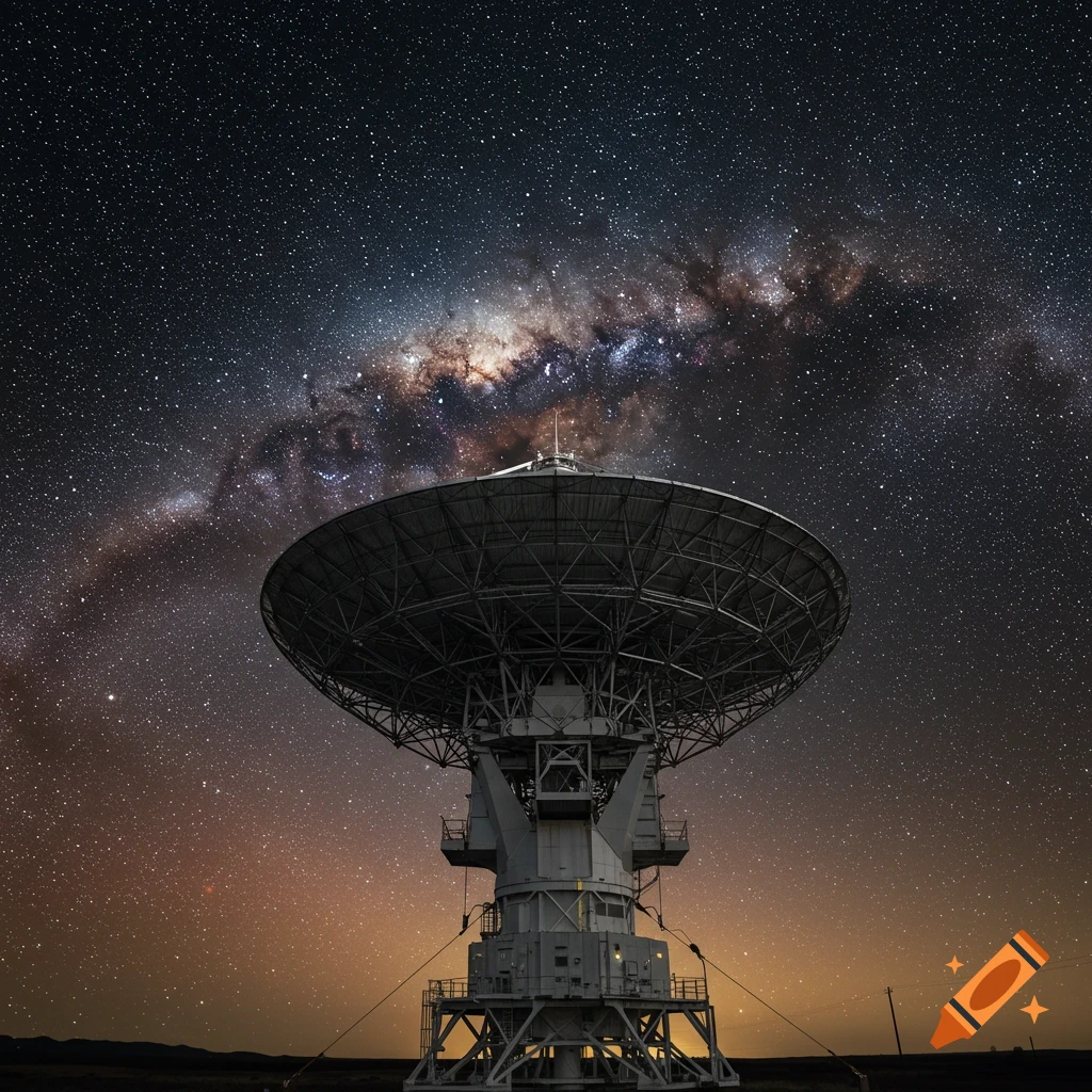 Large satellite dish against a star-filled night sky with the Milky Way