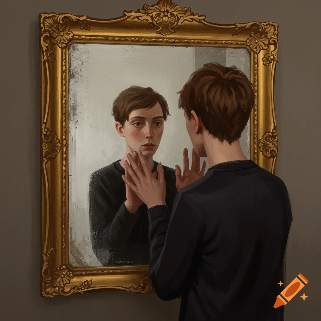 Painting of a person looking at their reflection in an ornate gold mirror.