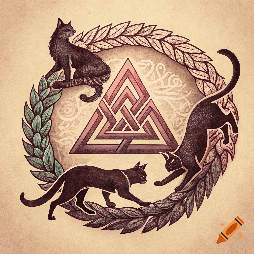 Stylized illustration of three black cats surrounding a valknut symbol within a wreath.