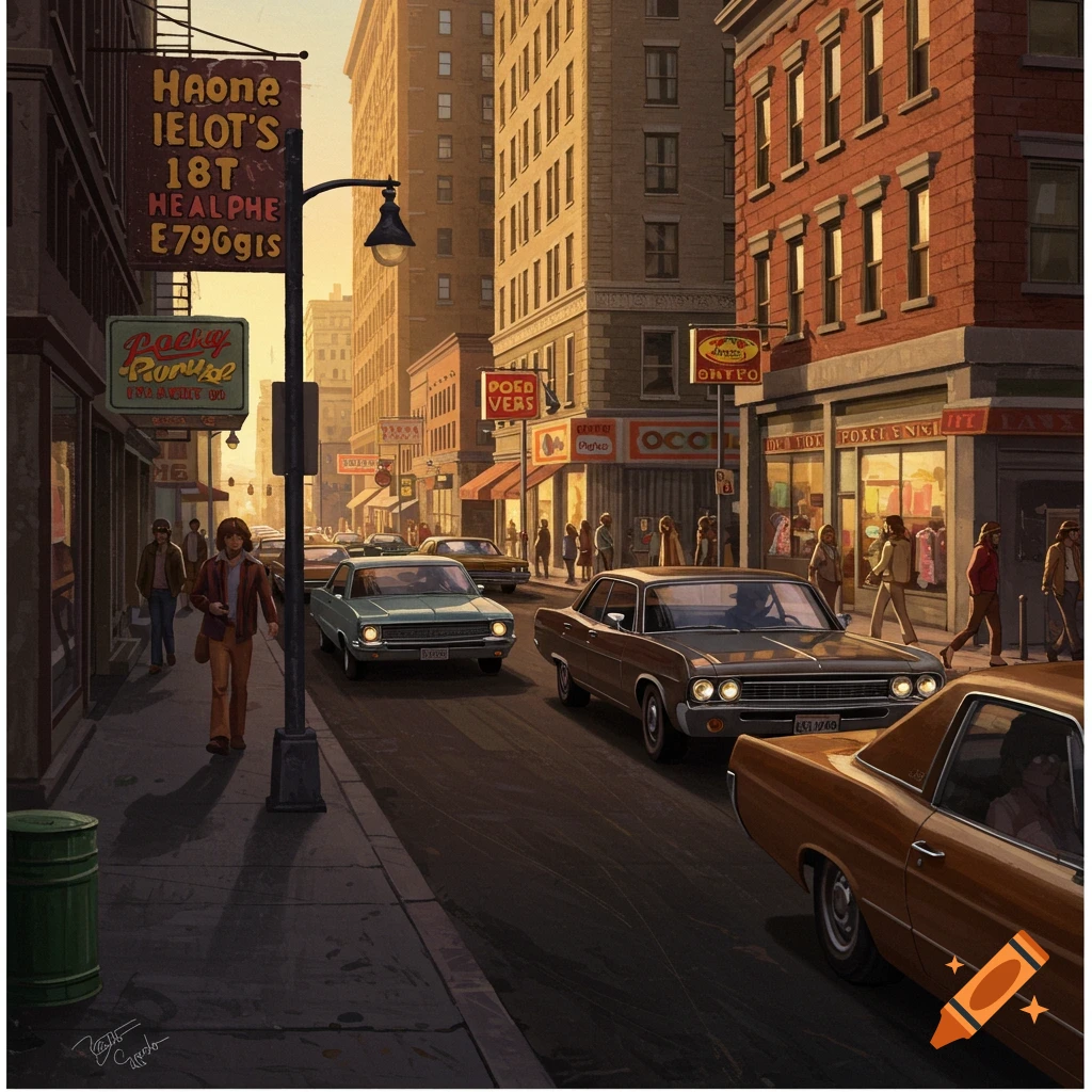 A vintage city street scene with cars and pedestrians in the 1970s.