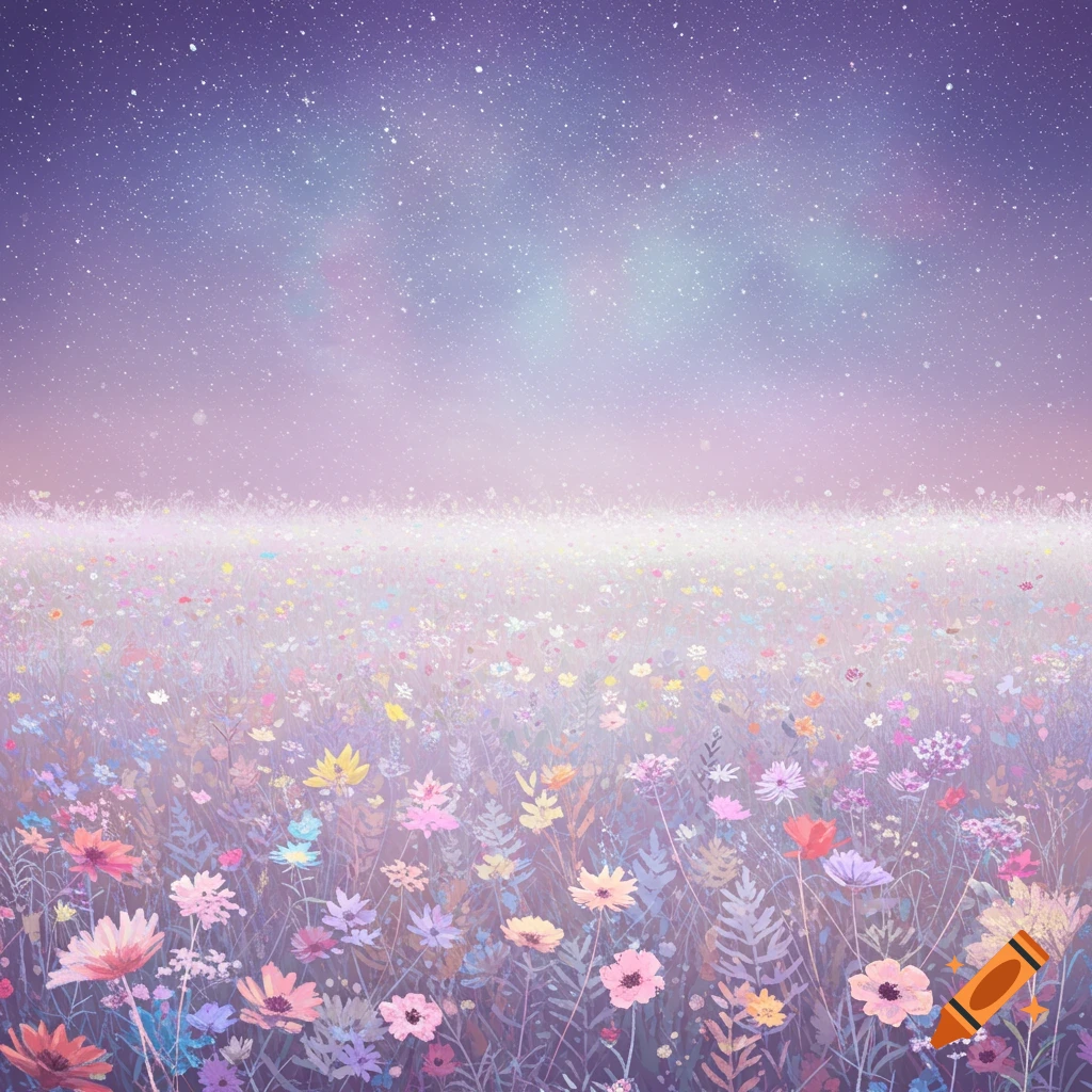 Field of colorful wildflowers under a starry purple and pink sky.