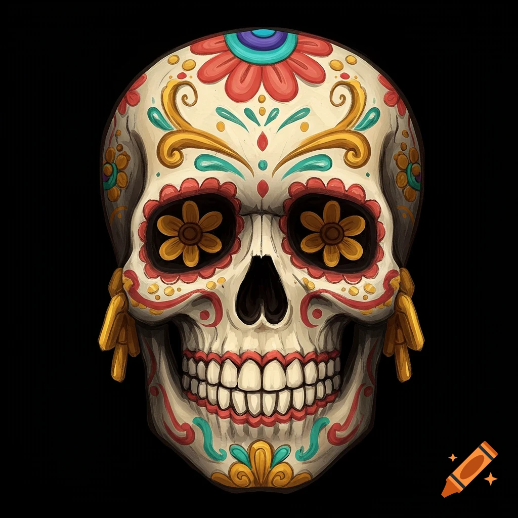 A colorfully decorated sugar skull illustration on a black background.